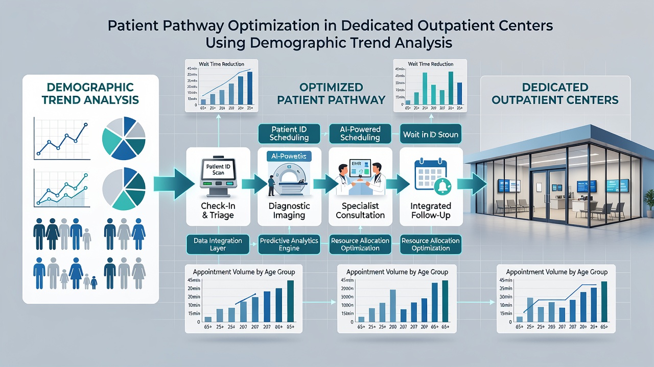 Healthcare analysts examining population trend maps overlaid on outpatient scheduling software interfaces